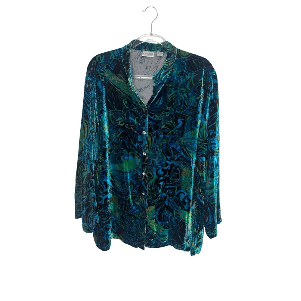 Chicos Size 3 US XL Silk Velvet Geo Print Button Up Tunic Shirt Velour Artsy